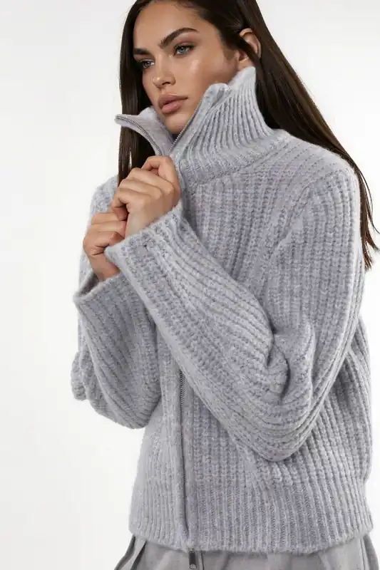 Thick Textured Turtleneck Zip-Up Cardigan
