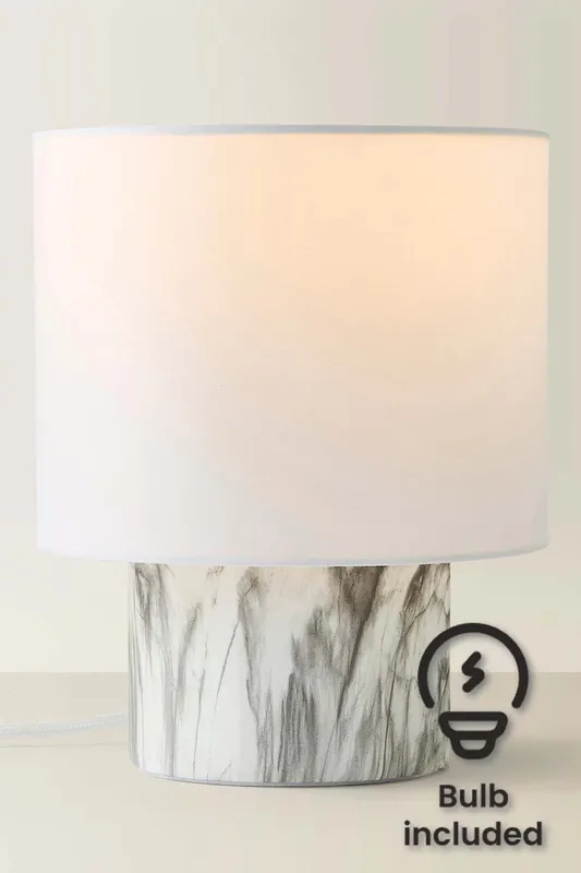 Melanie White Marble Effect Table Lamp with White Linen Lamp Shade and LED Bulb - ValueLights