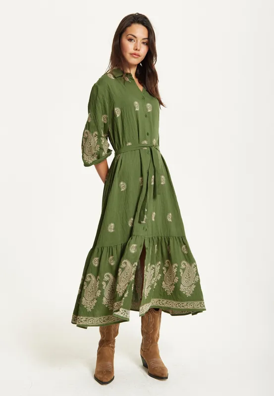 Paisley Embroidered Midi Shirt Dress - Liquorish
