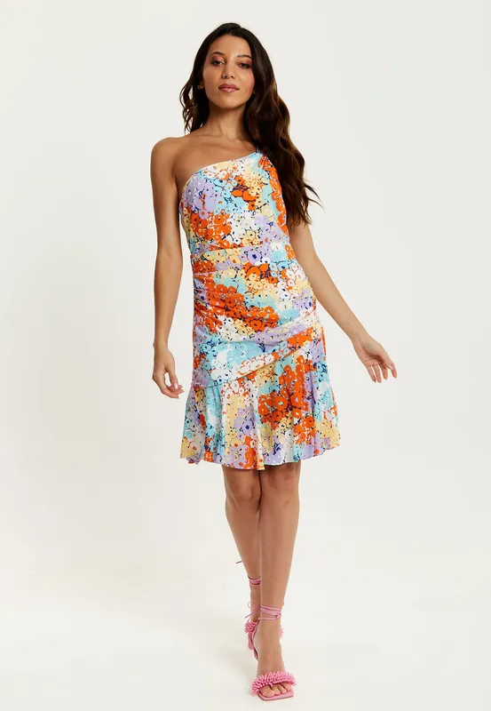 Multicolour Floral Print One Shoulder Mini Dress - Liquorish