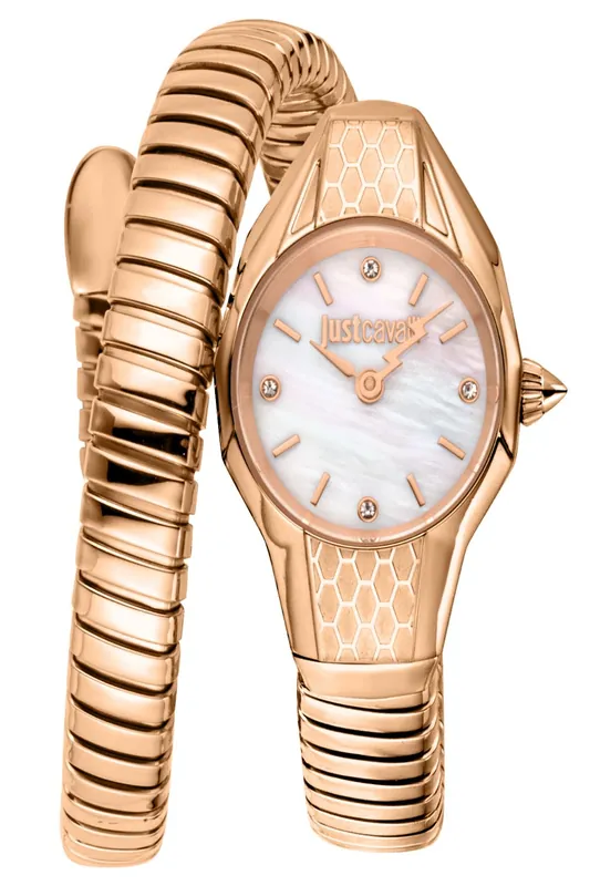 Snake 316L Stainless Steel Rose Gold Diamonds Mother of Pearl Watch - Just Cavalli