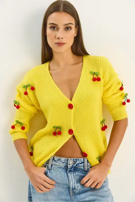 V-Neck Fruit Embroidered Knitwear Cardigan