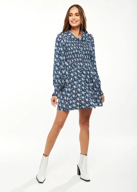 Floral Print Smock Mini Dress With Peter Pan Collar In Blue - Liquorish