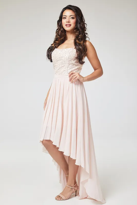 Pink Sequin Asymmetric Long Dress - LuvForever Fashion