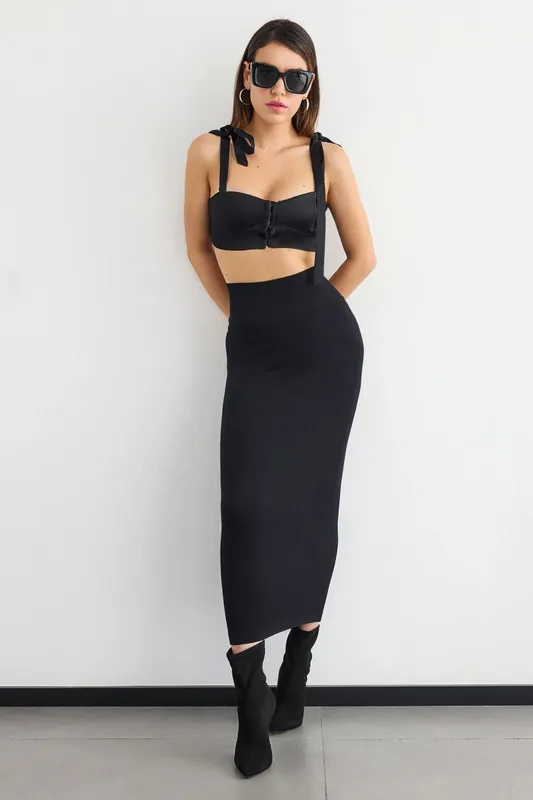 High-Waist Ribbed Woven Midi Skirt