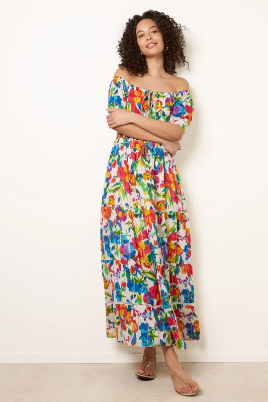 Multi Bardot Tassel Tie Tiered Maxi Dress - Blue Vanilla
