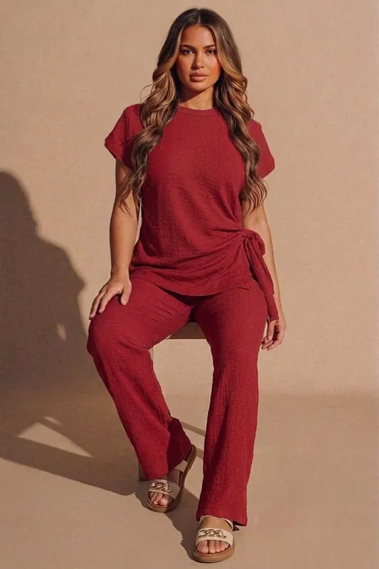Tie Side Relaxed Fit Top And Wide Leg Trousers - Femme Luxe