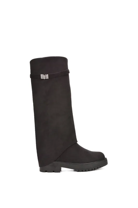 Amina' Chunky Low Heel Knee High Fold Over Boots - XY London