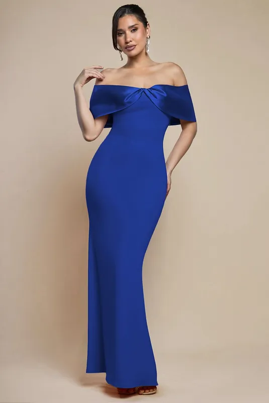 Twist Knot Satin & Scuba Bardot Maxi Dress - Goddiva