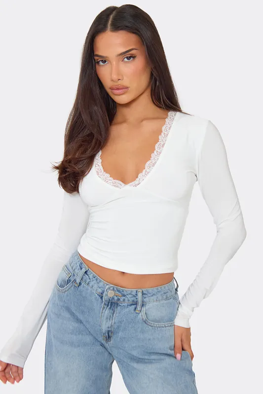 Long Sleeve Plunging Neckline Lace Trim Top - EGO
