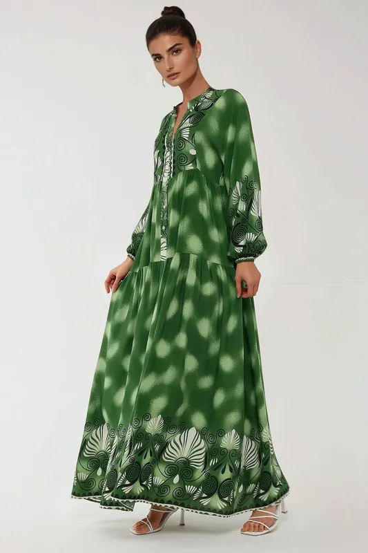 Printed Long Sleeve Viscose Maxi Dress - Hiccup