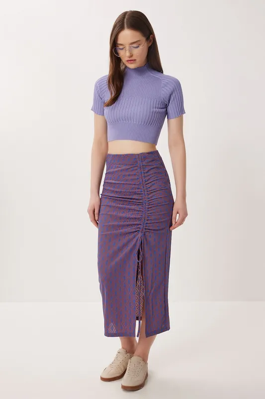 High Waist Geometric Print Midi Bodycon Skirt with Slit - Happiness Istanbul