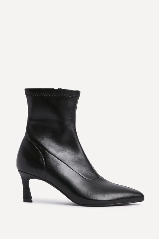 Upgrade Black Faux Leather Kitten Heel Sock Ankle Boot - Linzi