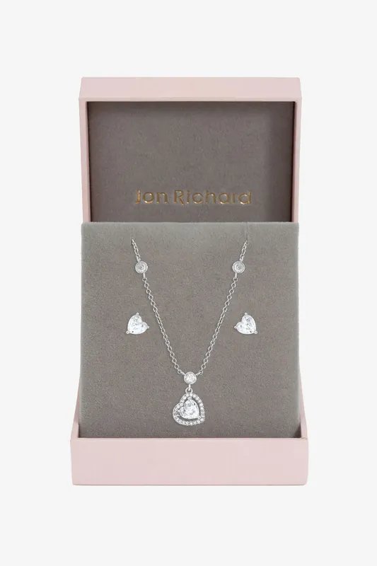 Rhodium Plated and Cubic Zirconia Heart Drop Set - Gift Box