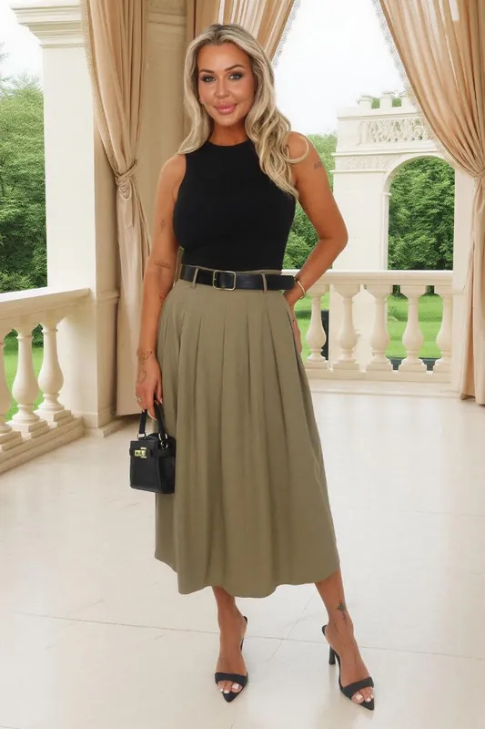 Khaki 2 in 1 Pleated Skirt Belted Midi Dress - AX Paris