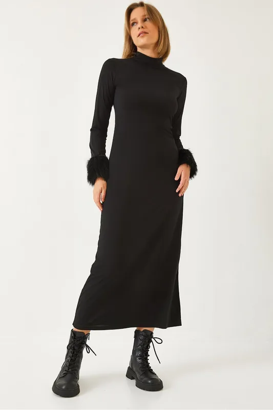Faux Fur Half Turtleneck Long Sleeve Midi Dress - Bianco Lucci