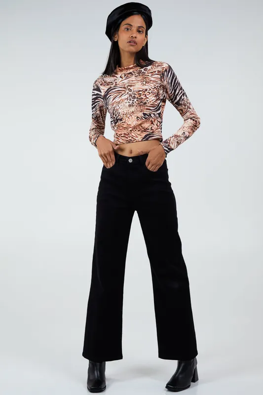 Brown Long Sleeve Animal Print Crop Top - Pink Vanilla