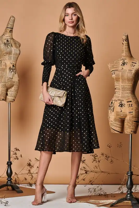Metallic Chiffon Puff Sleeve Maxi Dress - Jolie Moi