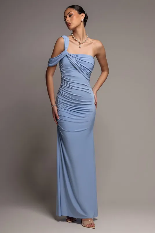 One Shoulder Asymmetric Twist Maxi Dress - Goddiva