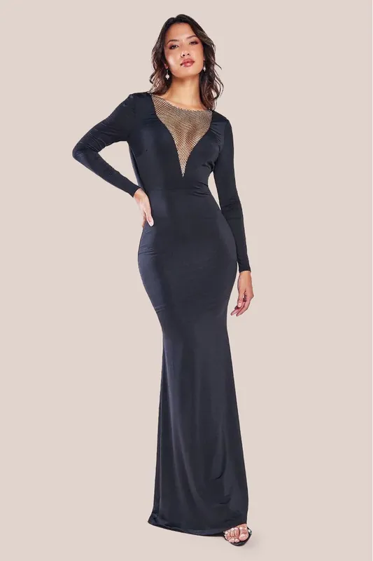 Diamante Fishnet Cowl Back Maxi - Goddiva