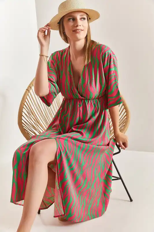 Printed V-Neck Midi Dress with Slit