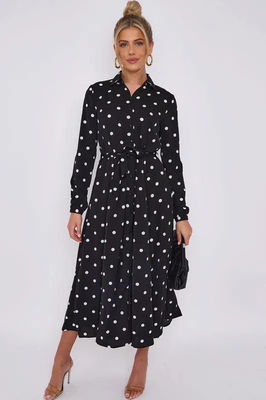 Black Polka Dot Print Midaxi Shirt Dress - Love Sunshine