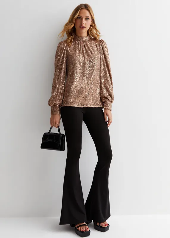 Mink Brown Sequin High Neck Loosefit Blouse - Gini London