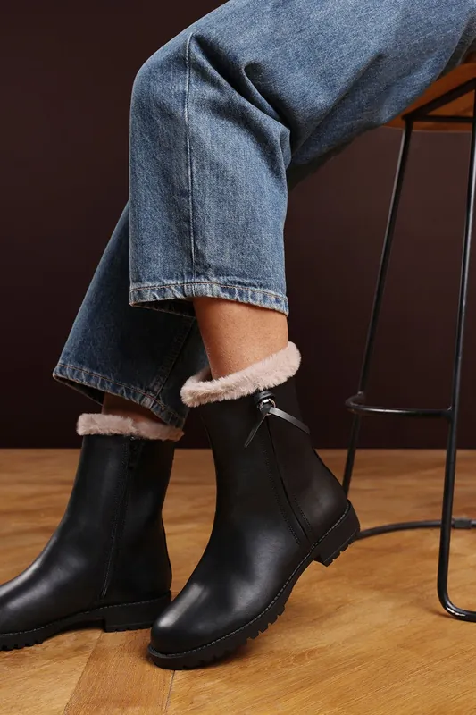 Virena' Wide Fit Mid Calf Low Heel Boots with Faux Fur Trim Side Zip - Where's That From