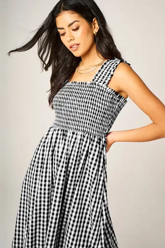 Gingham Smocked Bodice Strap Tiered Midi Dress - FS Collection