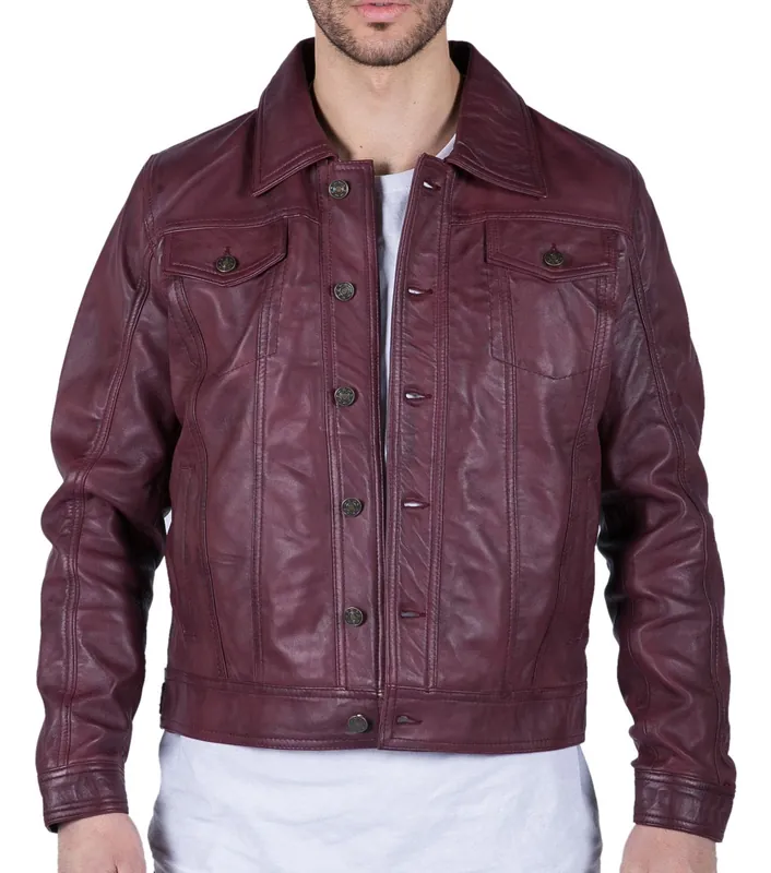 Leather Jacket Burgundy Wine Jeans - TruClothing