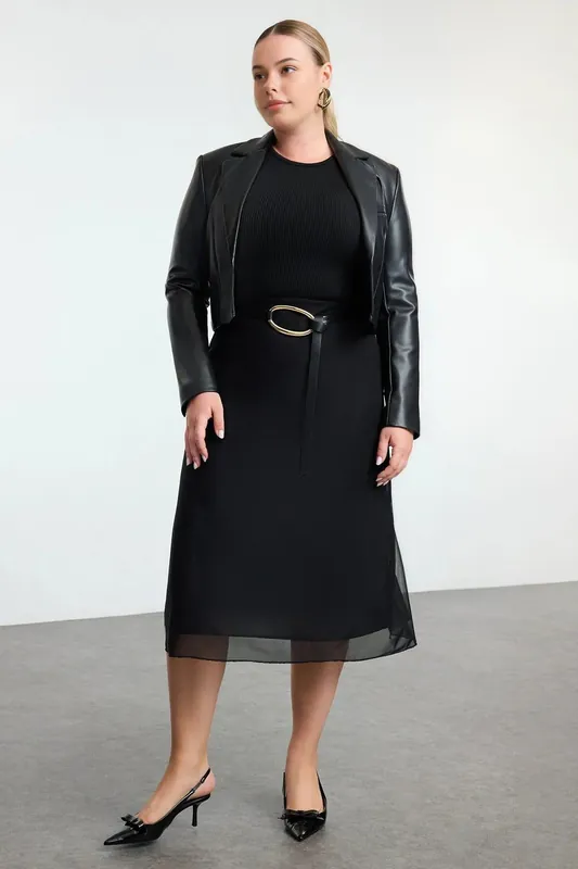 Sheer Overlay Midi Skirt with Belted Waist Detail - WOVCOR