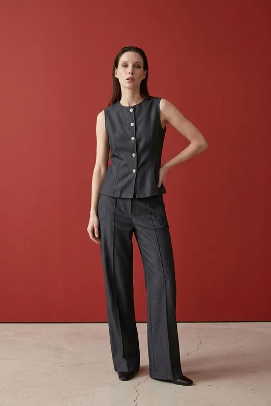 Cotton Poplin Vest and Wide-Leg Trouser Set
