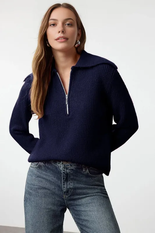 Zip Collar Rib Knit Sweat Jumper - WOVCOR