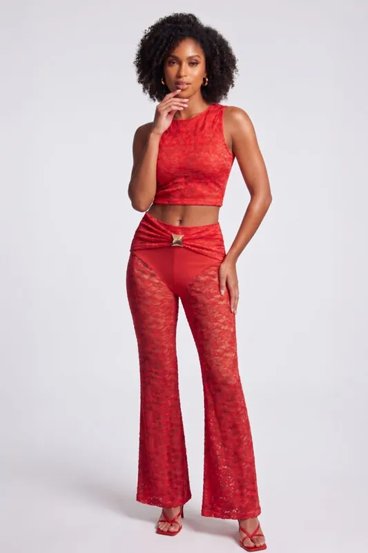 Lace Crop Top and Buckle Detail Flared Trouser Co-ord Set