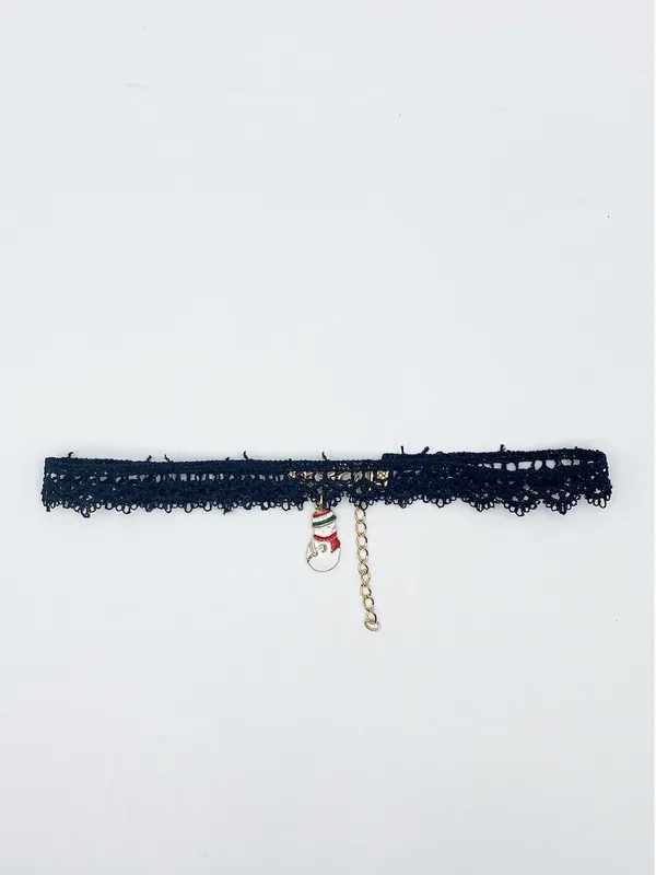 Corded Lace Scallop Effect Choker With Snowman Pendant - SVNX