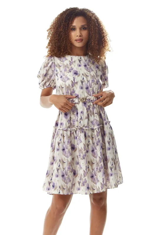 Lilac Floral Mini Dress with Belt - Liquorish