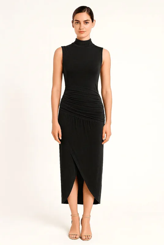 Black Ruched Slim Fit Jersey Sleeveless Midi Dress - AVINCI