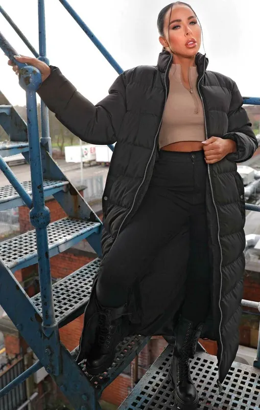 Black Padded Long Line Midi Zip Up Puffer Coat - Femme Luxe