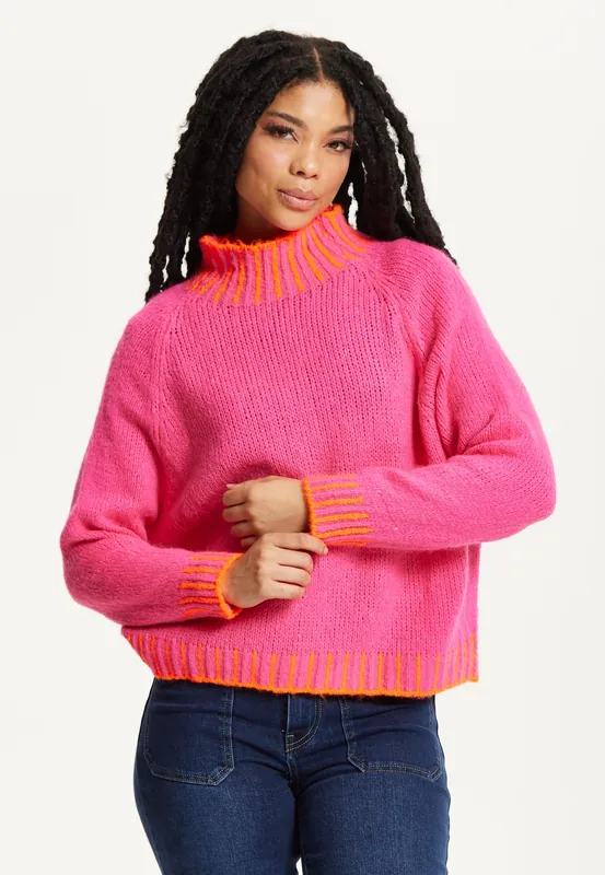 Neon Trim Wool Blend Jumper – Dark Pink - Liquorish