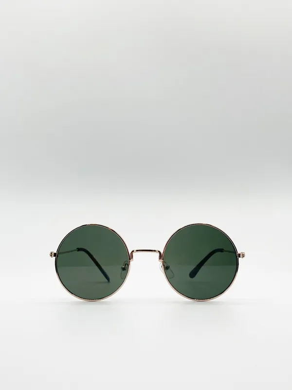 Classic Metal Round Sunglasses With Green Tinted Lenses - SVNX