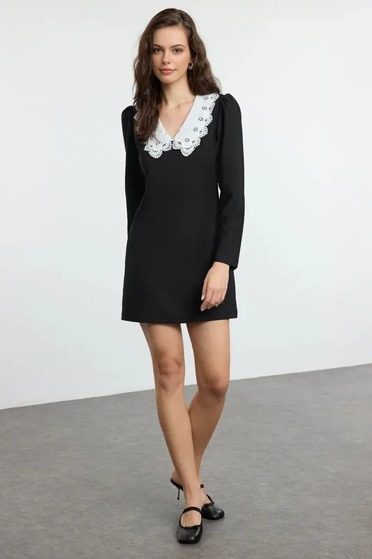 V Neck Lace Collar A-Line Mini Woven Dress