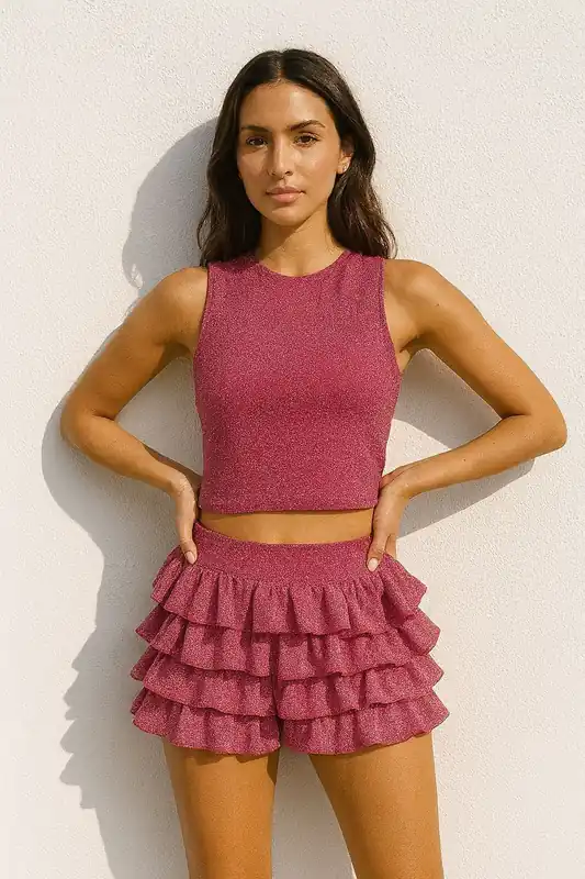 Lurex Crop Top and Ruffle Mini Skort Co-ord Set