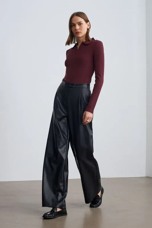 High-Waist Wide-Leg Faux Leather Trousers