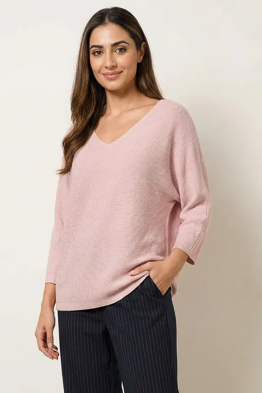 Pink Metallic V Neck Knitted Ripple Jumper - Blue Vanilla