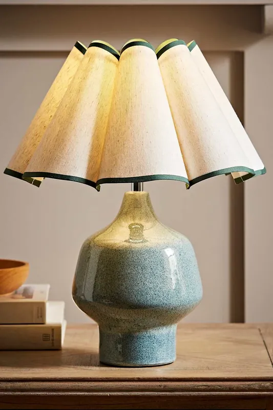 Jamie Glazed Ceramic Table Lamp with Scallop Trim Lamp Shade - ValueLights