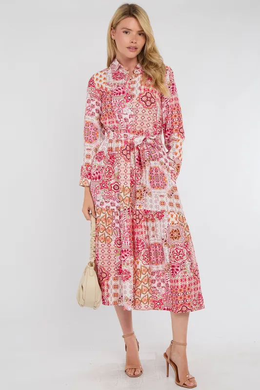 Sunset Coral Patchwork Print Shirt Dress - Love Sunshine