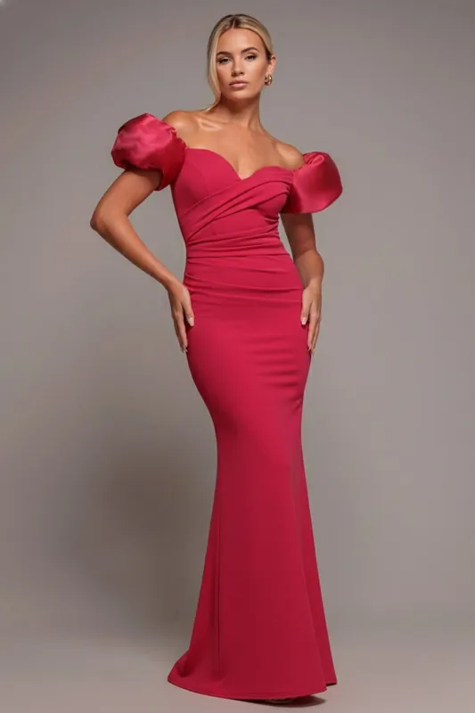 Puffy Satin Sleeve Scuba Maxi Dress - Goddiva