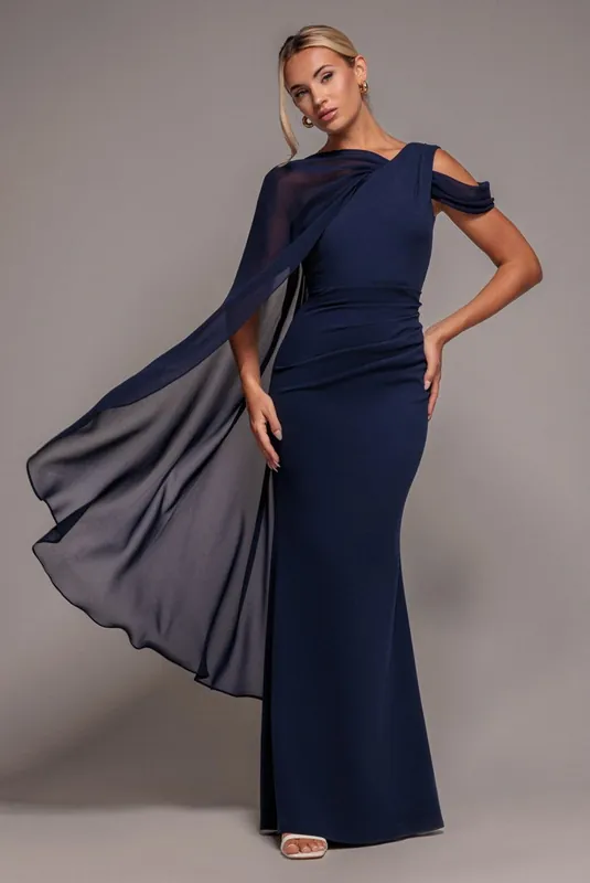 One Shoulder Chiffon Cape Crepe Maxi Dress - Goddiva