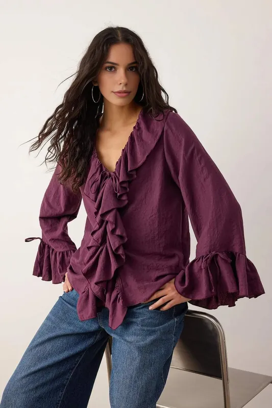 Ruffled Tie Neck Long Sleeve Blouse - WOVCOR
