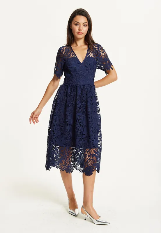 FLARE LACE MIDI DRESS IN NAVY - Liquorish